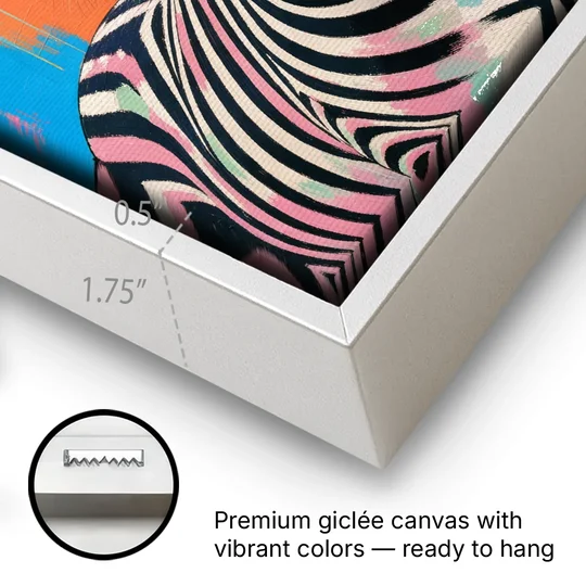 Pink Zebra Sideways Glance in Pop Art - White Framed Canvas Wall Art - Gallery Wrap Corner