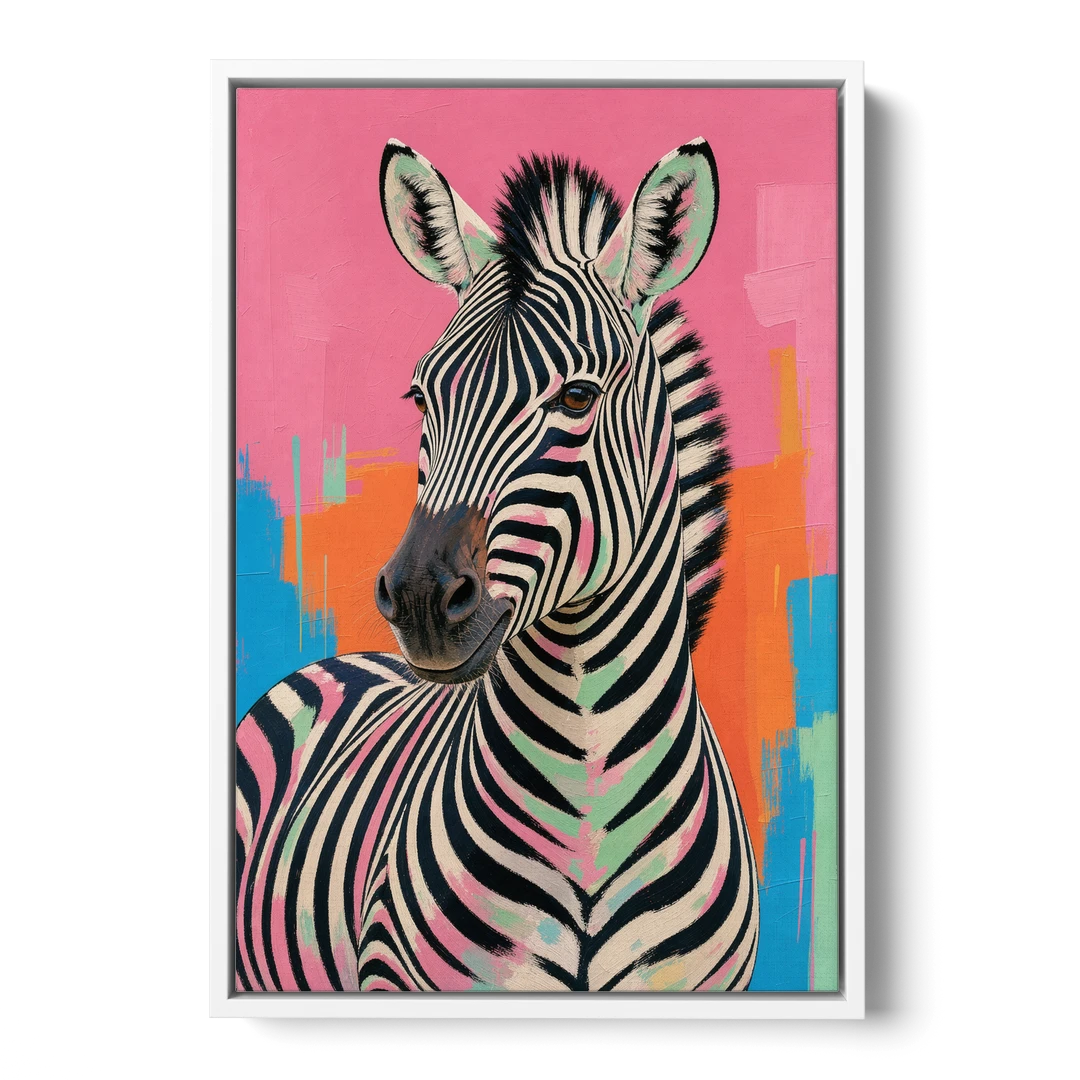 Pink Zebra Sideways Glance in Pop Art - White Framed Canvas Wall Art - Front