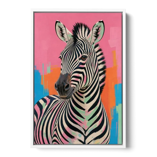 Pink Zebra Sideways Glance in Pop Art - White Framed Canvas Wall Art - Front