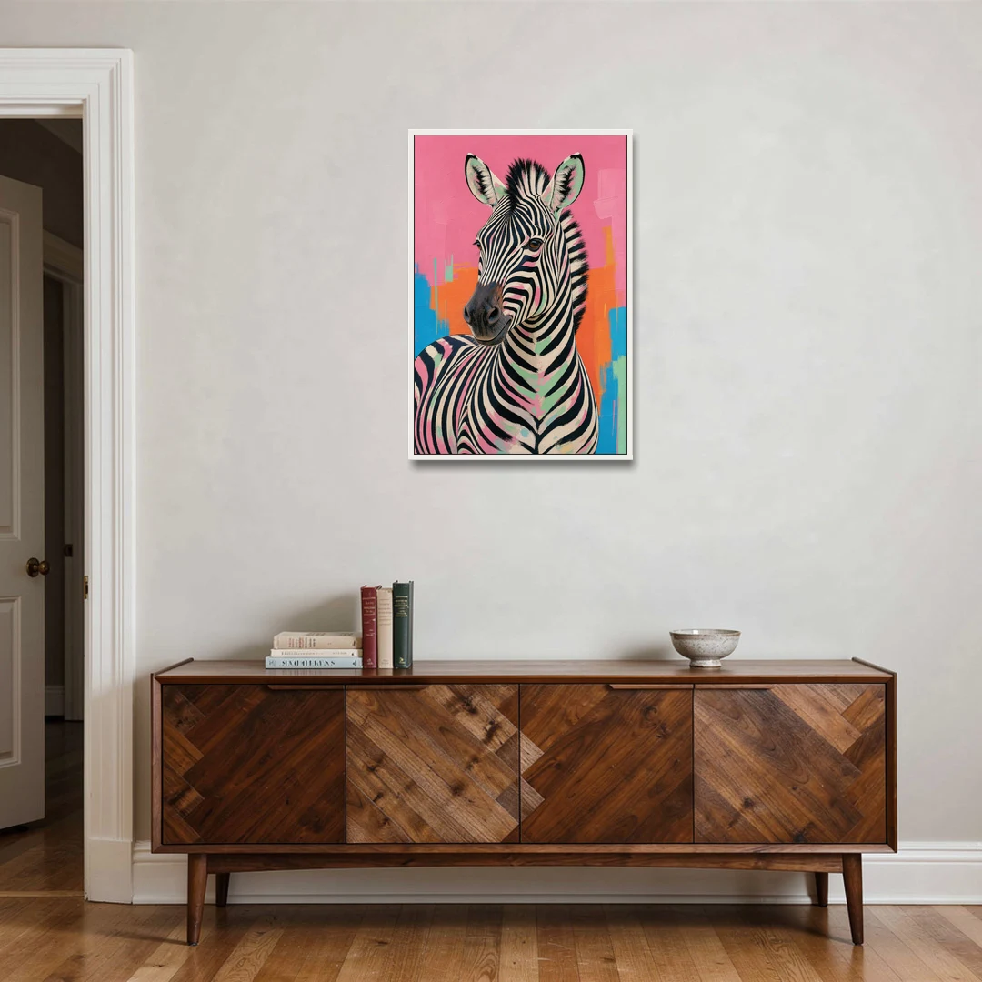 Pink Zebra Sideways Glance in Pop Art - White Framed Canvas Wall Art - Coffee Table - 24x36