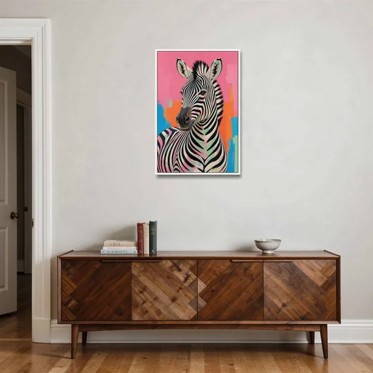 Pink Zebra Sideways Glance in Pop Art - White Framed Canvas Wall Art - Coffee Table - 24x36