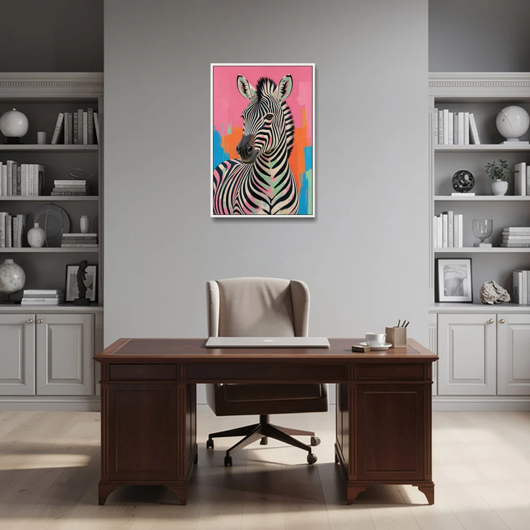 Pink Zebra Sideways Glance in Pop Art - White Framed Canvas Wall Art - Office - 24x36
