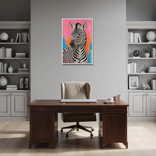 Pink Zebra Sideways Glance in Pop Art - White Framed Canvas Wall Art - Office - 24x36