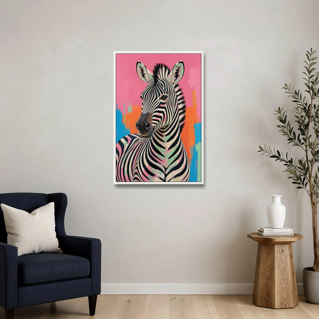 Pink Zebra Sideways Glance in Pop Art - White Framed Canvas Wall Art - Sofa - 24x36
