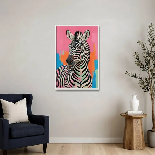 Pink Zebra Sideways Glance in Pop Art - White Framed Canvas Wall Art - Sofa - 24x36