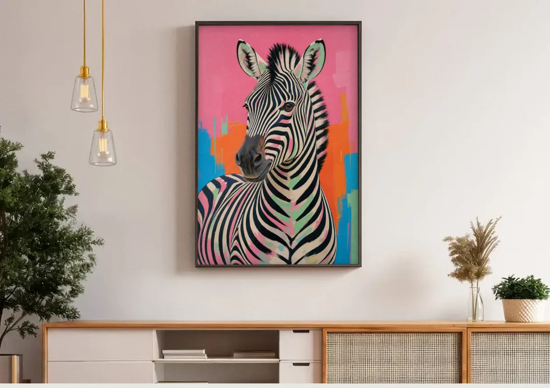 Pink Zebra Sideways Glance in Pop Art canvas wall art above a wooden sideboard under pendant lights