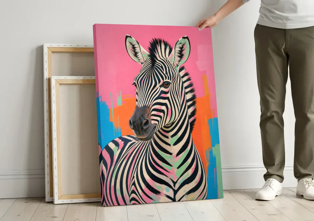 Pink Zebra Sideways Glance in Pop Art canvas wall art leaning against a wall next to blank canvases