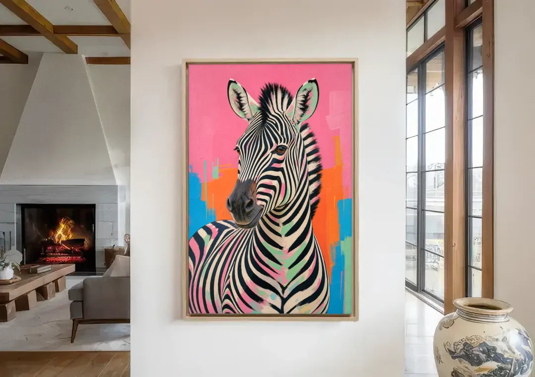 Pink Zebra Sideways Glance in Pop Art canvas wall art in a living room with a fireplace
