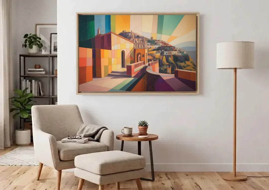 Pípila Overlook canvas wall art above an armchair in a bright living room