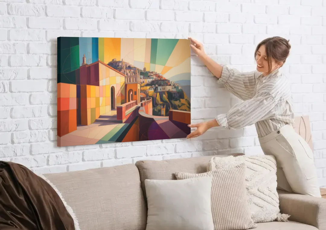 Pípila Overlook canvas wall art being hung on a white brick wall above a sofa