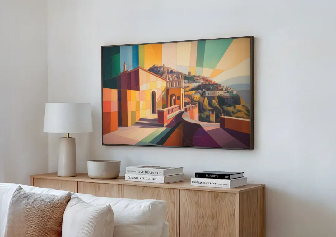 Pípila Overlook canvas wall art above a wooden sideboard next to a sofa