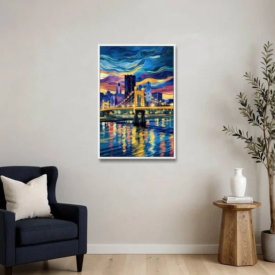 Pittsburgh Architectural Charm - White Framed Canvas Wall Art - Sofa - 24x36