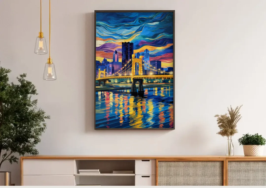 Pittsburgh Architectural Charm canvas wall art above a wooden sideboard under pendant lights