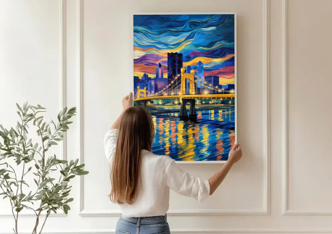 Pittsburgh Architectural Charm canvas wall art being hung on a paneled wall