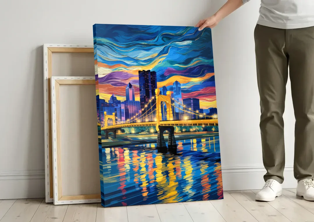 Pittsburgh Architectural Charm canvas wall art leaning against a wall next to blank canvases