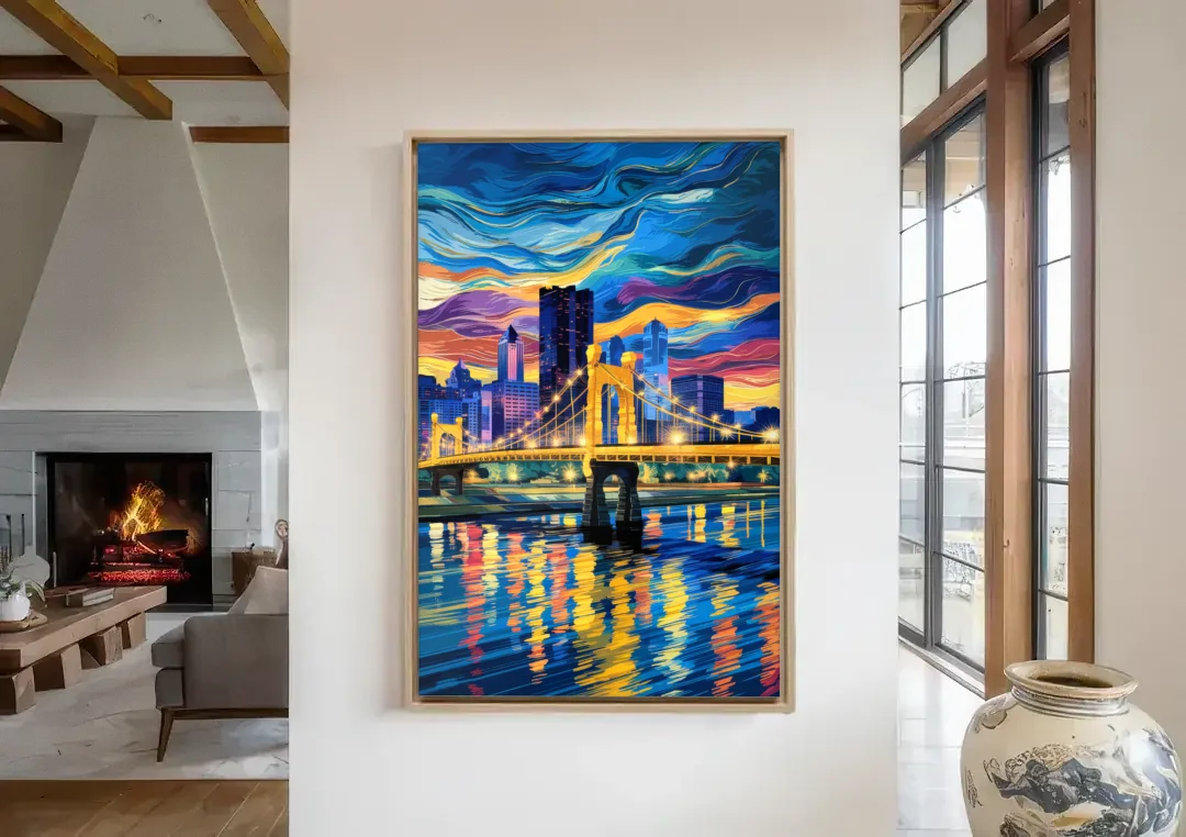 Pittsburgh Architectural Charm canvas wall art in a living room with a fireplace