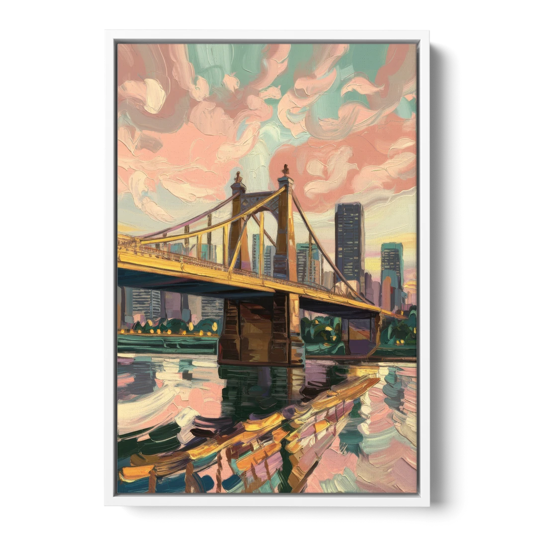 Pittsburgh Bridges and Rivers - White Framed Canvas Wall Art - Front