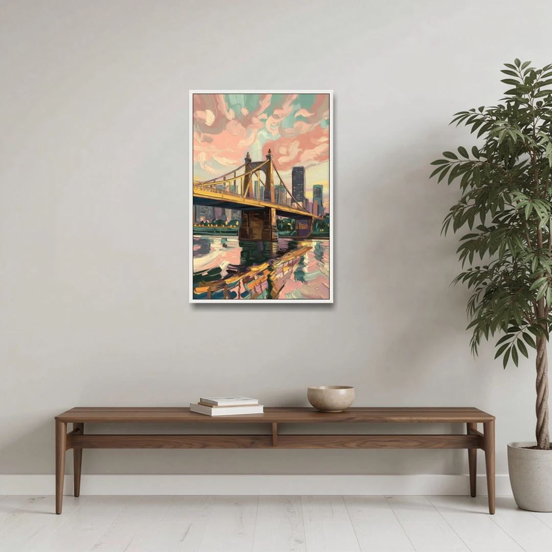 Pittsburgh Bridges and Rivers - White Framed Canvas Wall Art - Coffee Table - 24x36