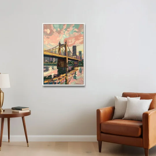 Pittsburgh Bridges and Rivers - White Framed Canvas Wall Art - Sofa - 24x36