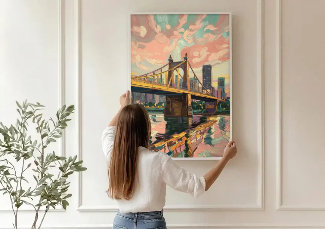 Pittsburgh Bridges and Rivers canvas wall art being hung on a paneled wall
