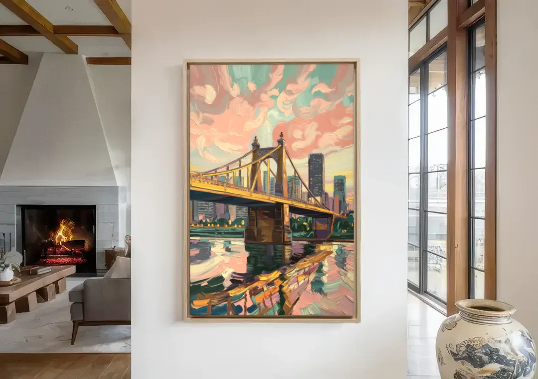 Pittsburgh Bridges and Rivers canvas wall art in a living room with a fireplace