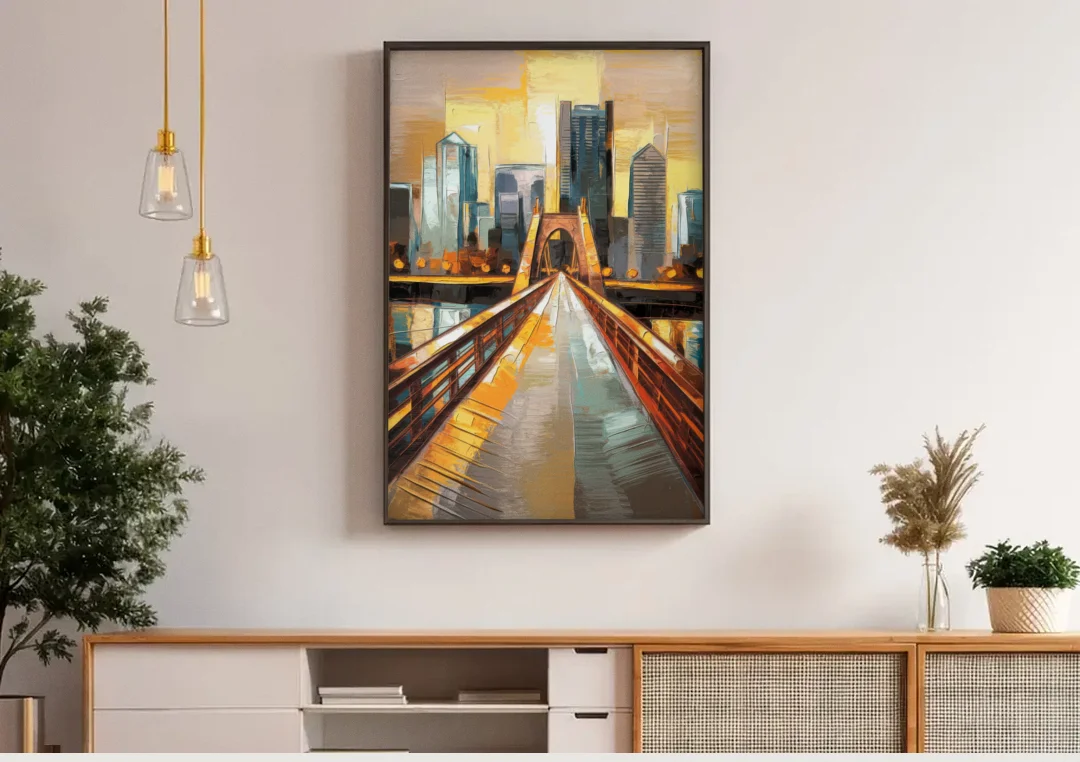 Pittsburgh City of Bridges canvas wall art above a wooden sideboard under pendant lights