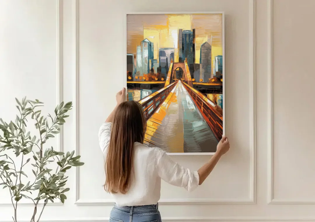 Pittsburgh City of Bridges canvas wall art being hung on a paneled wall