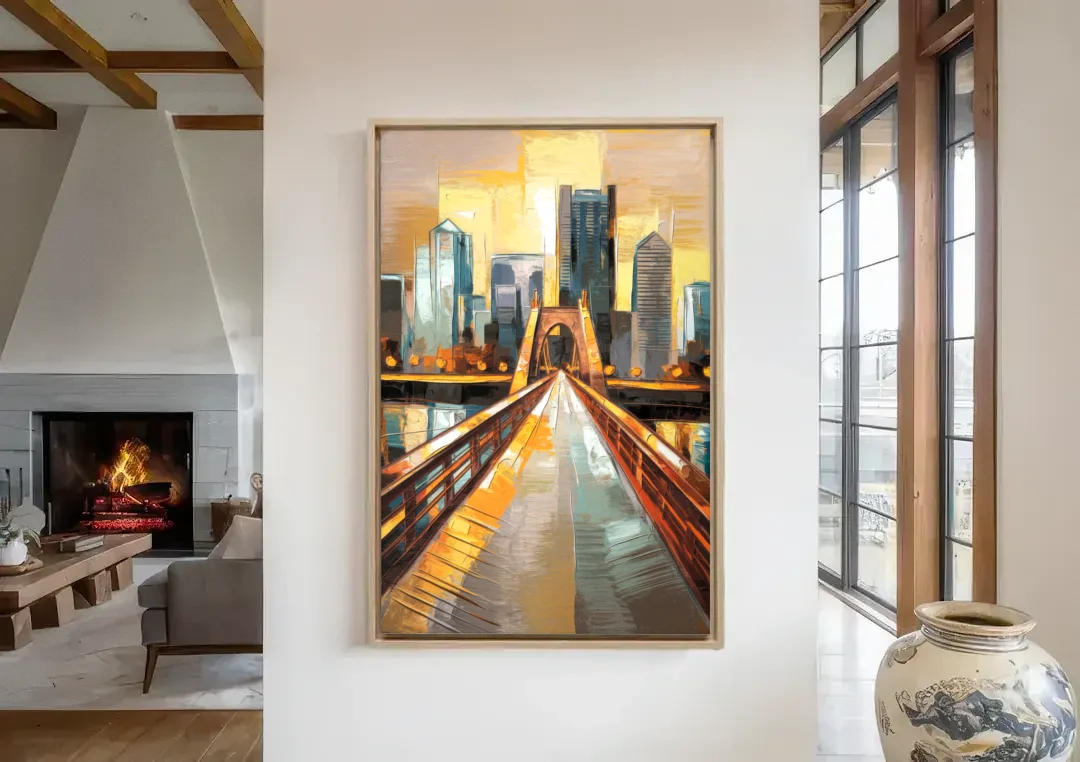 Pittsburgh City of Bridges canvas wall art in a living room with a fireplace