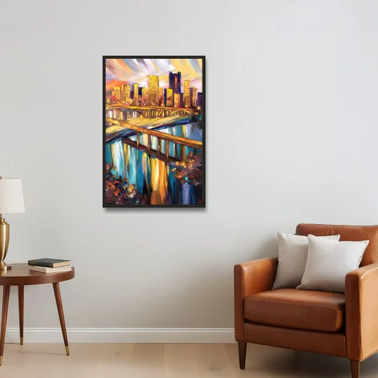 Pittsburgh Downtown Cityscape - Black Framed Canvas Wall Art - Sofa - 24x36