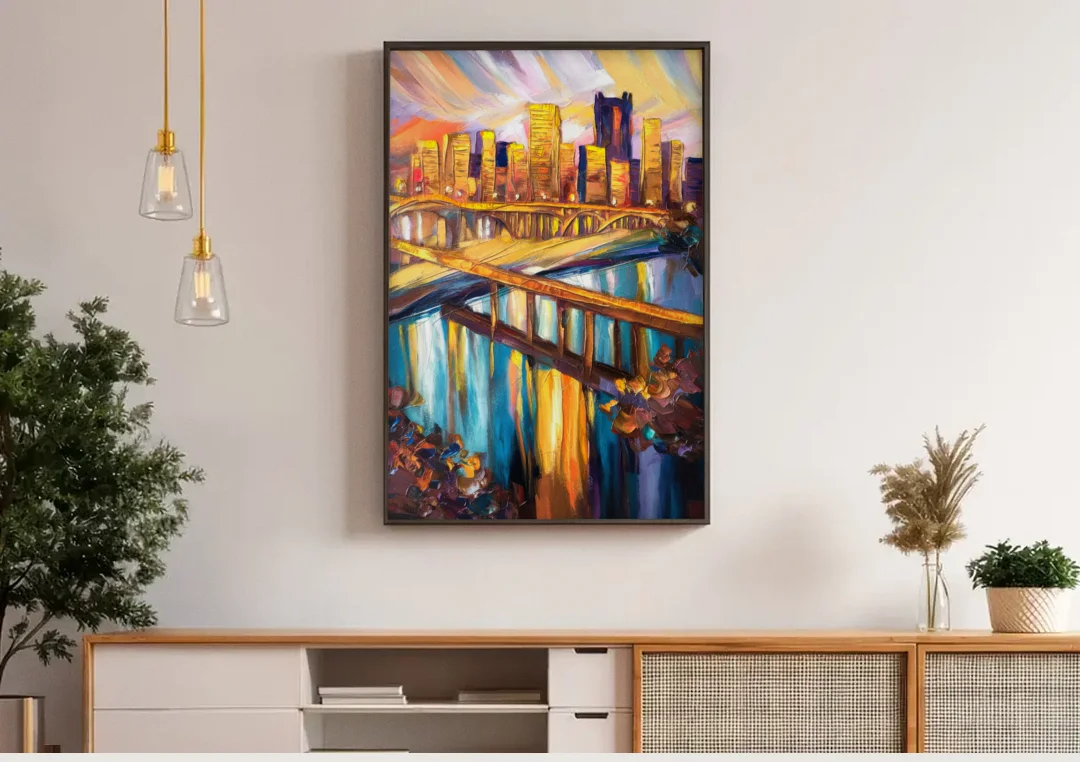 Pittsburgh Downtown Cityscape canvas wall art above a wooden sideboard under pendant lights