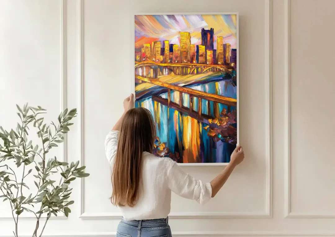 Pittsburgh Downtown Cityscape canvas wall art being hung on a paneled wall