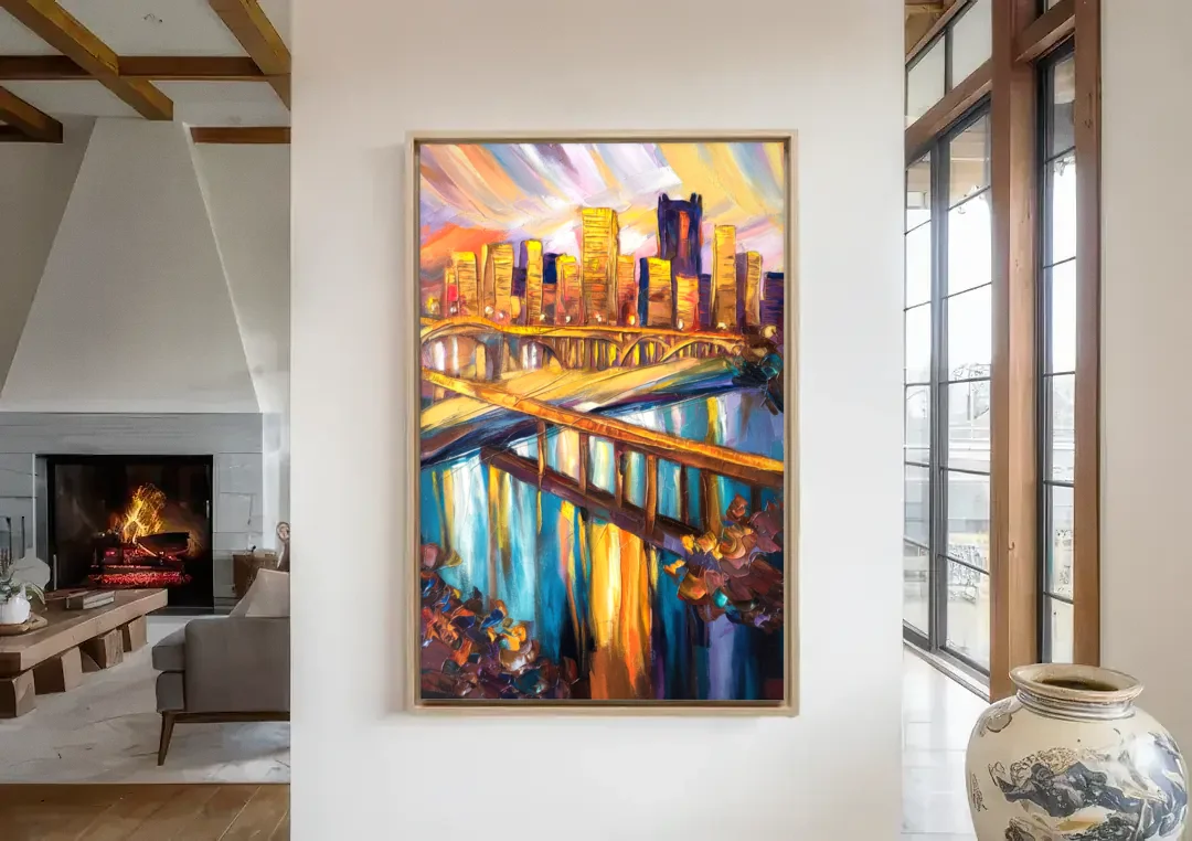 Pittsburgh Downtown Cityscape canvas wall art in a living room with a fireplace