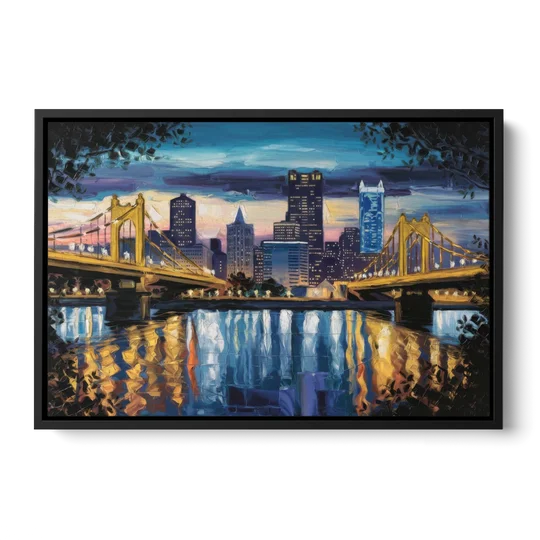 Pittsburgh Downtown Lights at Night - Black Framed Canvas Wall Art - Front