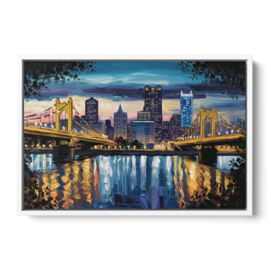 Pittsburgh Downtown Lights at Night - White Framed Canvas Wall Art - Front