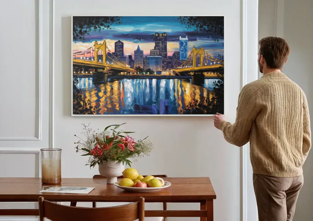 Pittsburgh Downtown Lights at Night canvas wall art above a dining table
