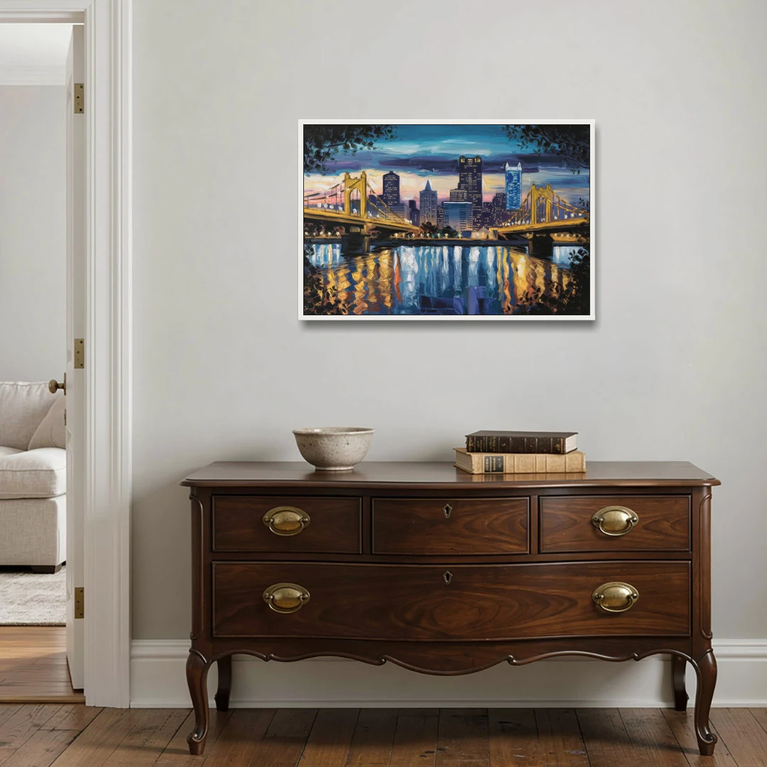 Pittsburgh Downtown Lights at Night - White Framed Canvas Wall Art - Coffee Table - 36x24