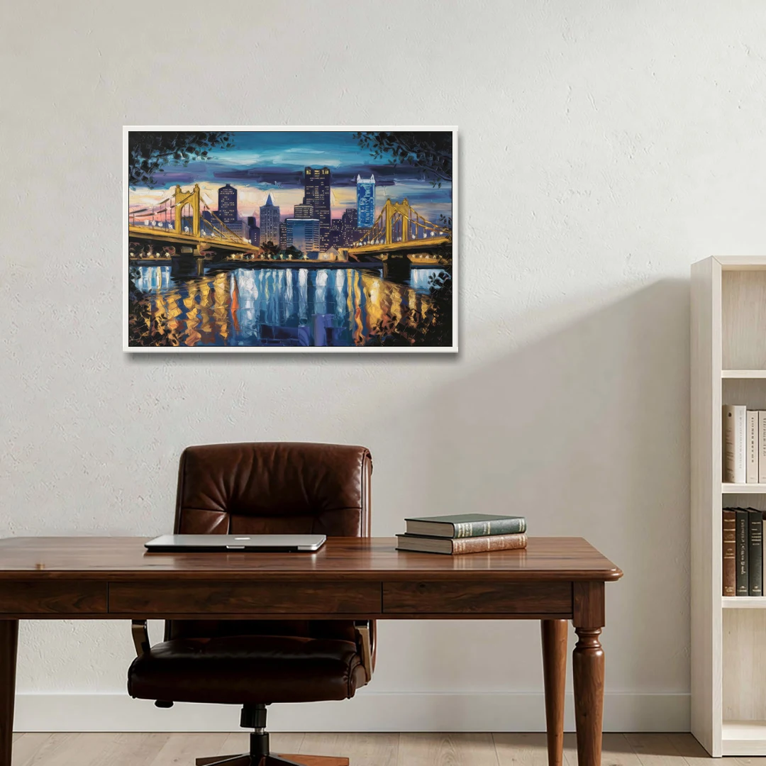 Pittsburgh Downtown Lights at Night - White Framed Canvas Wall Art - Office - 36x24