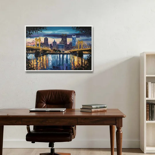 Pittsburgh Downtown Lights at Night - White Framed Canvas Wall Art - Office - 36x24