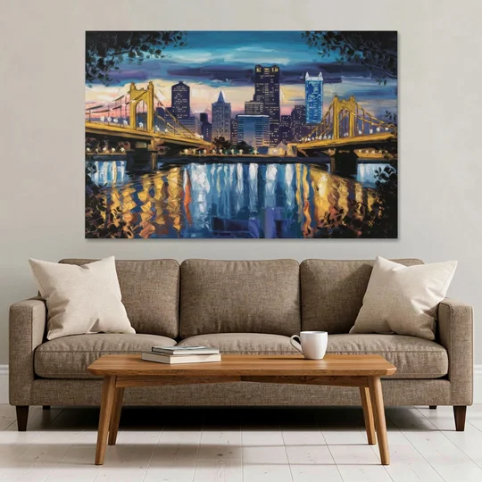 Pittsburgh Downtown Lights at Night - Canvas Wall Art - Sofa - 60x40