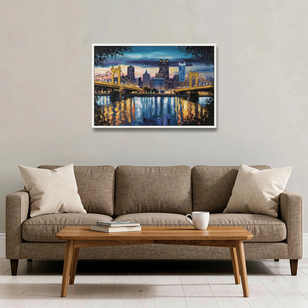 Pittsburgh Downtown Lights at Night - White Framed Canvas Wall Art - Sofa - 36x24