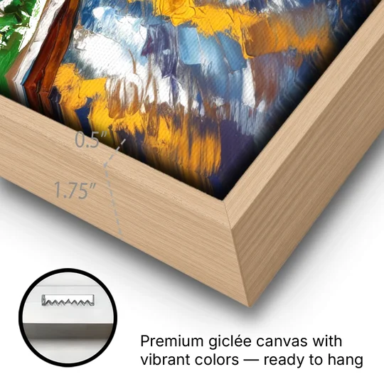 Pittsburgh Downtown Lights - Oak Framed Canvas Wall Art - Gallery Wrap Corner