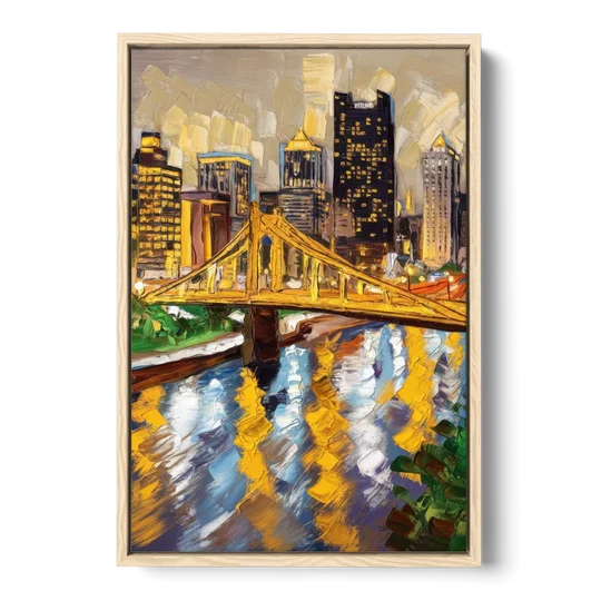 Pittsburgh Downtown Lights - Oak Framed Canvas Wall Art - Front