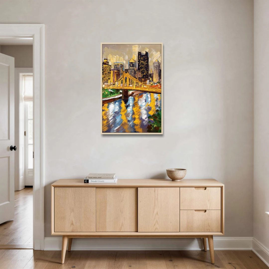 Pittsburgh Downtown Lights - Oak Framed Canvas Wall Art - Coffee Table - 24x36