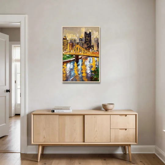 Pittsburgh Downtown Lights - Oak Framed Canvas Wall Art - Coffee Table - 24x36