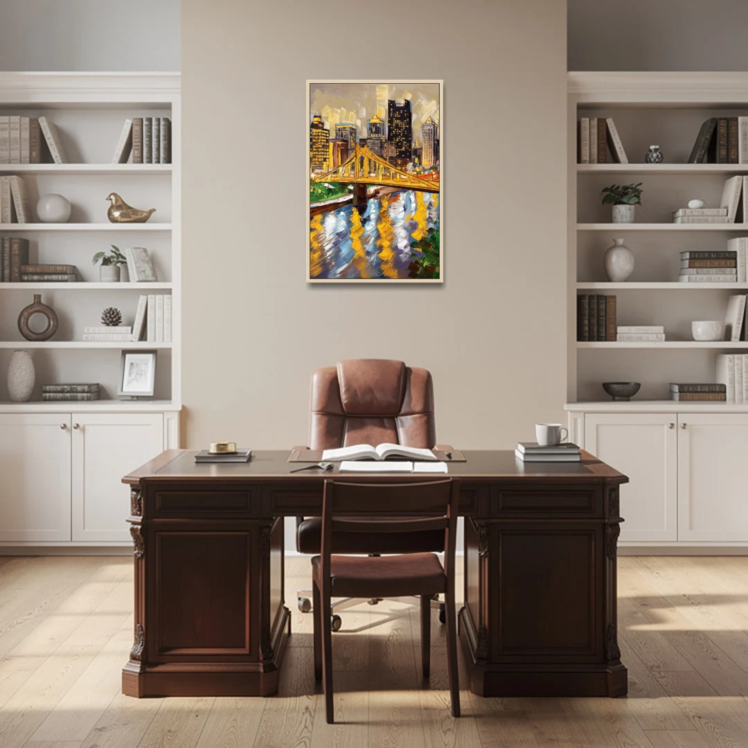 Pittsburgh Downtown Lights - Oak Framed Canvas Wall Art - Office - 24x36