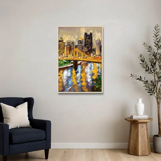 Pittsburgh Downtown Lights - Oak Framed Canvas Wall Art - Sofa - 24x36
