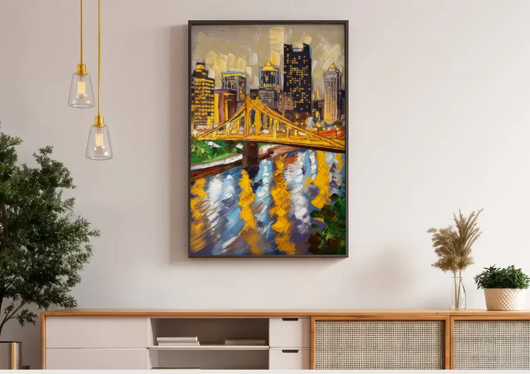 Pittsburgh Downtown Lights canvas wall art above a wooden sideboard under pendant lights