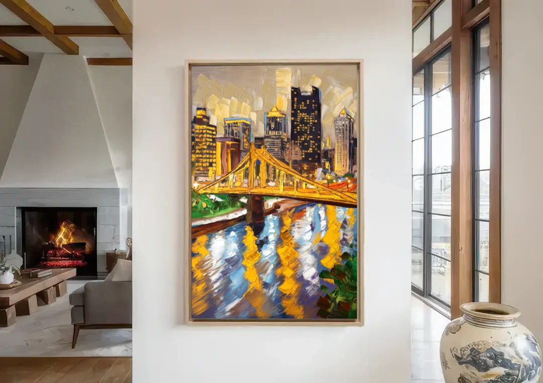 Pittsburgh Downtown Lights canvas wall art in a living room with a fireplace
