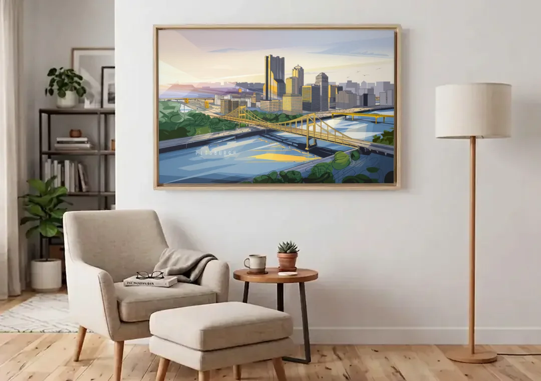 Pittsburgh Golden Triangle View canvas wall art above an armchair in a bright living room