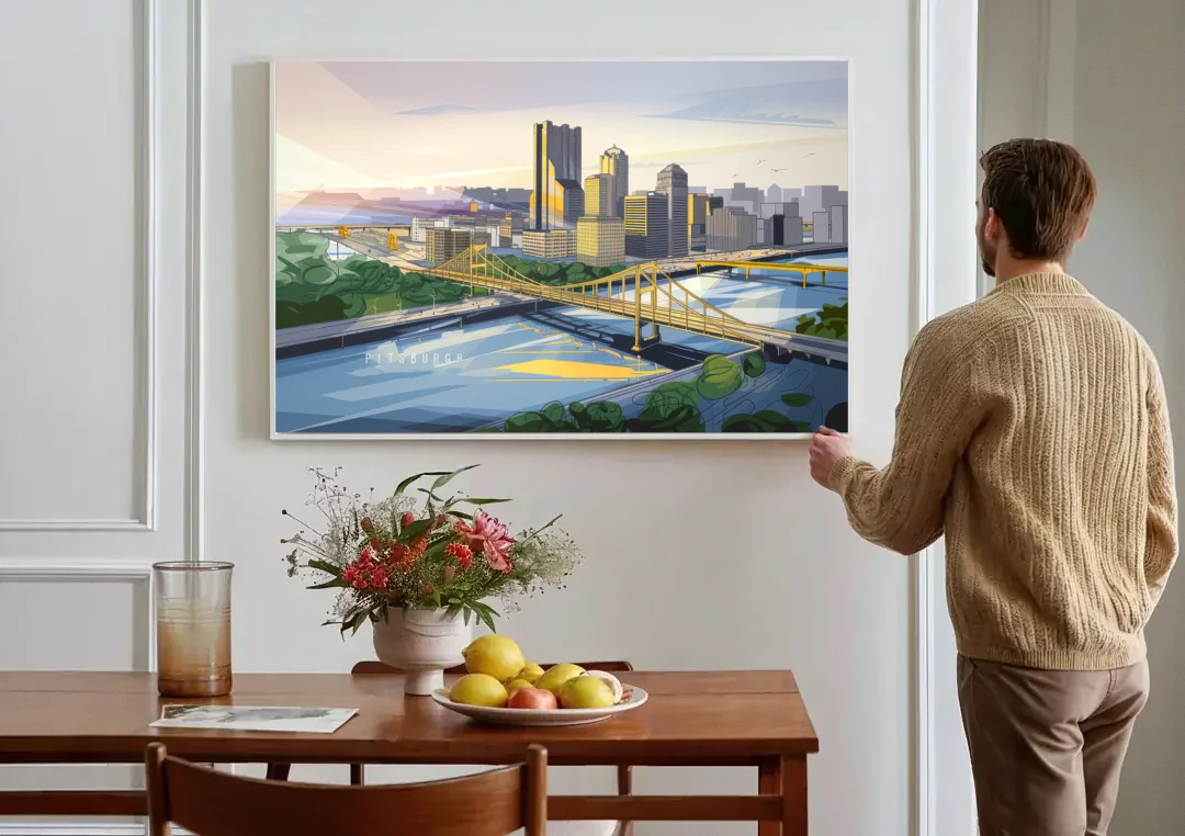 Pittsburgh Golden Triangle View canvas wall art above a dining table